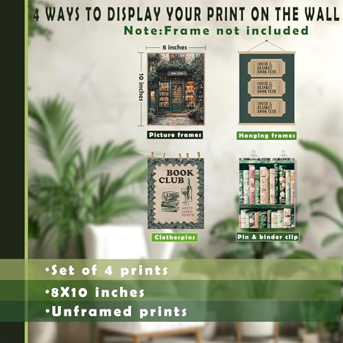 LUKIPOM Vintage Nostalgic Book Wall Art Posters Set of 4, Reading Nook Corner Room Decor, Retro Green Bookish Canvas Prints Artwork for Library Book Store Club Wall Decor, 8x10 Unframed - Image 2