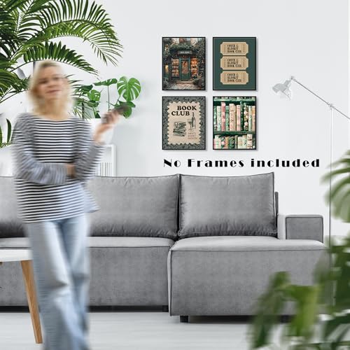 LUKIPOM Vintage Nostalgic Book Wall Art Posters Set of 4, Reading Nook Corner Room Decor, Retro Green Bookish Canvas Prints Artwork for Library Book Store Club Wall Decor, 8x10 Unframed - Image 3