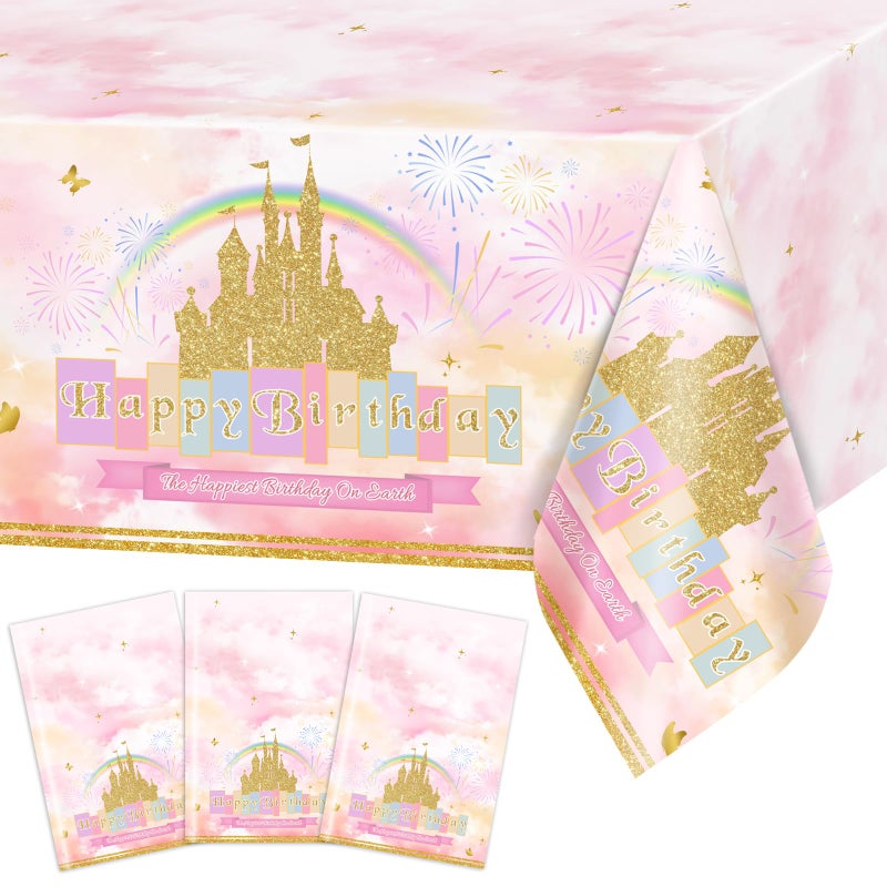 Avezano 3 Pcs Princess Castle Tablecloth Rainbow Princess Birthday Table Cloth for Girls Women Birthday Party Decorations 108 x 54 Inch - Image 1