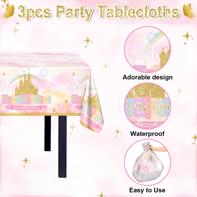 Avezano 3 Pcs Princess Castle Tablecloth Rainbow Princess Birthday Table Cloth for Girls Women Birthday Party Decorations 108 x 54 Inch - Image 3