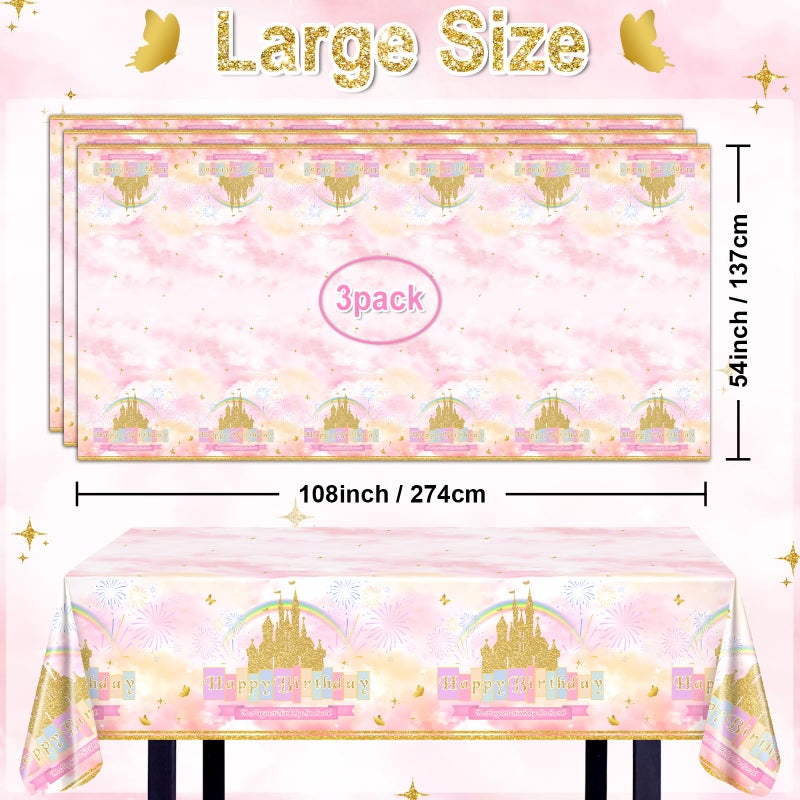 Avezano 3 Pcs Princess Castle Tablecloth Rainbow Princess Birthday Table Cloth for Girls Women Birthday Party Decorations 108 x 54 Inch - Image 2