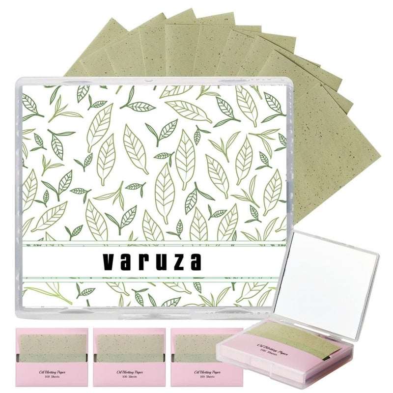 VARUZA [100 Counts + Mirror Case] Green Tea Natural Oil Blotting Sheets for Face with Mirror Case - Image 1