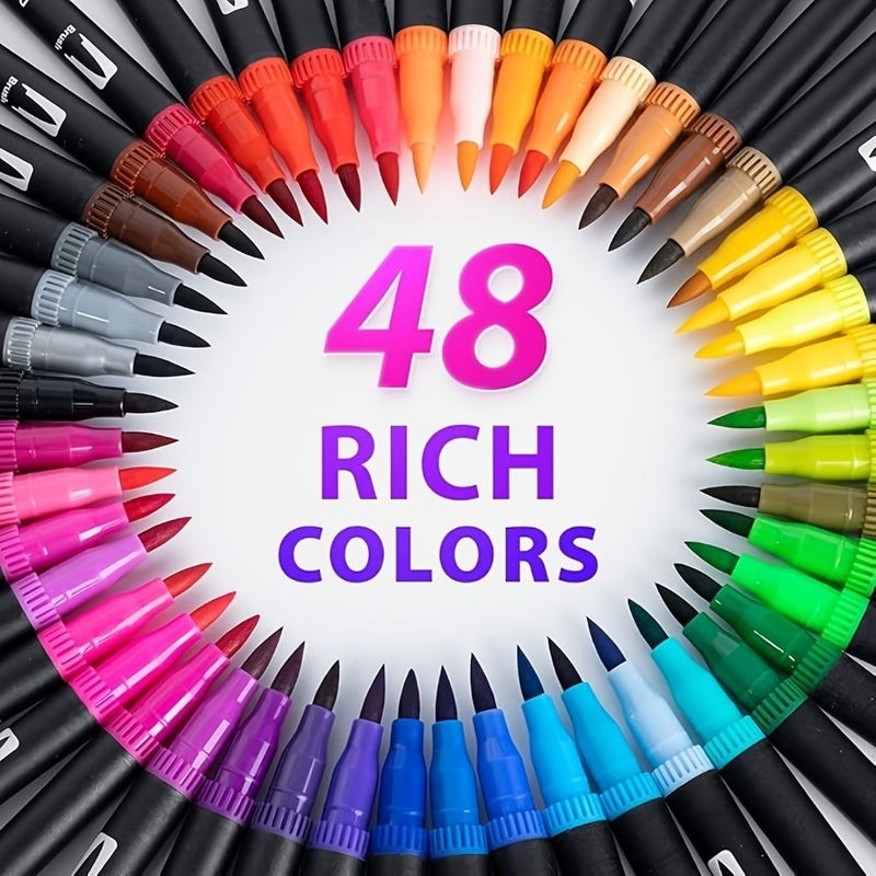48 قطعة من أقلام الفرشاة المائية ذات النهاية المزدوجة مع رأس متوسط لمجموعة تلوين الكتب ومستلزمات الفنون - Image 2