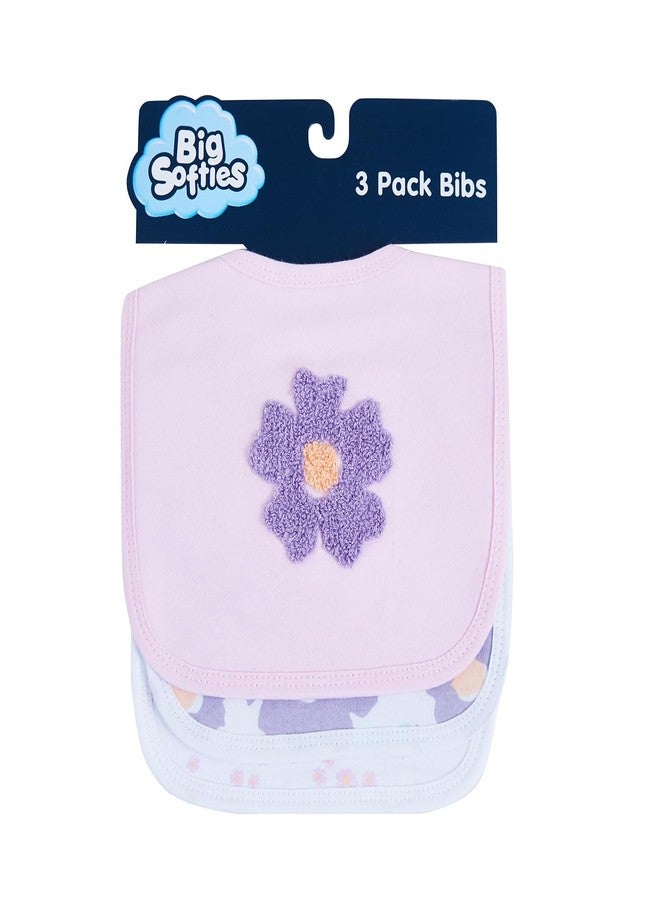 Big Softies مرايل أطفال بيج سوفتيز مطرزة ومزينة برسومات، مزودة بشريط فيلكرو ناعم - زهرة - بنفسجي فاتح | قطن | فائقة النعومة والامتصاص | مناسبة لسيلان اللعاب، التسنين، والرضاعة | للبنات من عمر 6 إلى 24 شهرًا | عبوة من 3 قطع - Image 2