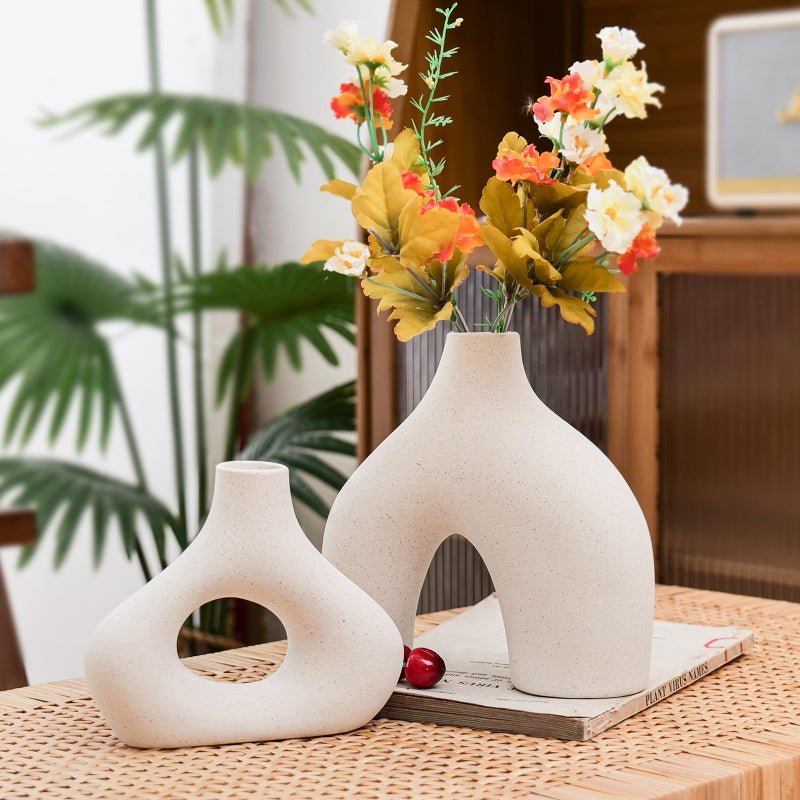 Cemabt Beige Ceramic Vase Set من 2 للديكور البوهيمي الحد الأدنى من المزهريات غير اللامعة لمزهريات البامباس مثالية لغرفة المعيشة طاولة الطعام - Image 5
