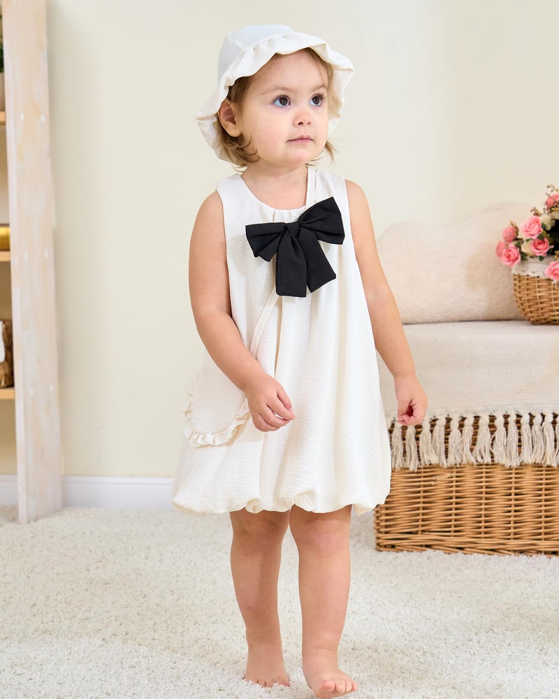 SODLON Baby Girl Dress 3-6 Months Summer Infant Girl Clothes Big Bow Sleeveless Puff Balloon Bubble Dresses Birthday Gifts Cute Casual Linen Outfits Sundress with Hat & Bag Apricot - Image 2
