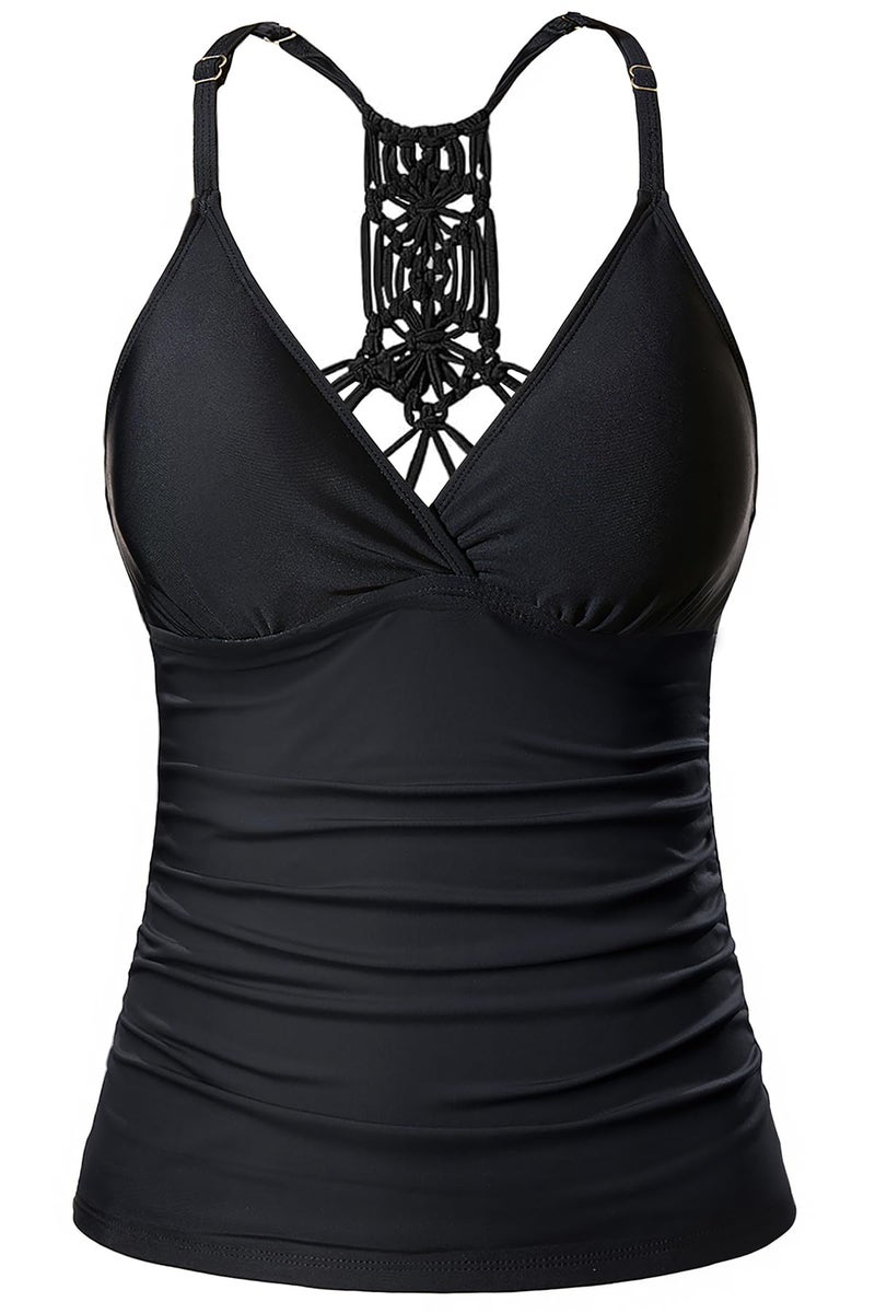 Holipick Tankini Top Only for Women V Neck Tummy Control Swimsuit Ruched Bathing Suit No Bottom Black - Image 1