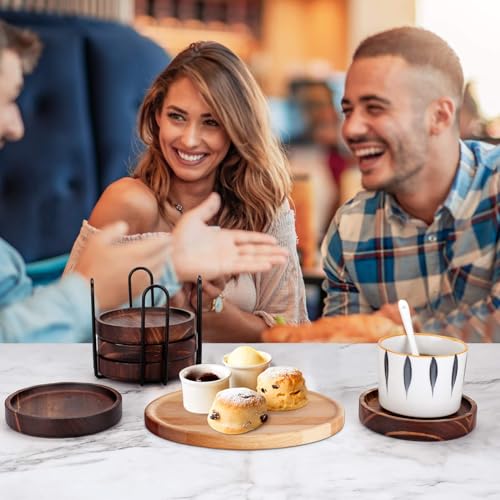 Yangbaga 6Pcs Wooden Coasters for Drink-Acacia Wood Drink Coasters Set with Holder for Coffee Table Decor,Modern Cup Coaster for Kitchen Accessories Cute Beer Bar Decorative Rustic Outdoor Coasters - Image 3