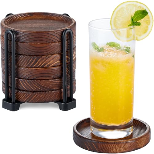 Yangbaga 6Pcs Wooden Coasters for Drink-Acacia Wood Drink Coasters Set with Holder for Coffee Table Decor,Modern Cup Coaster for Kitchen Accessories Cute Beer Bar Decorative Rustic Outdoor Coasters - Image 1
