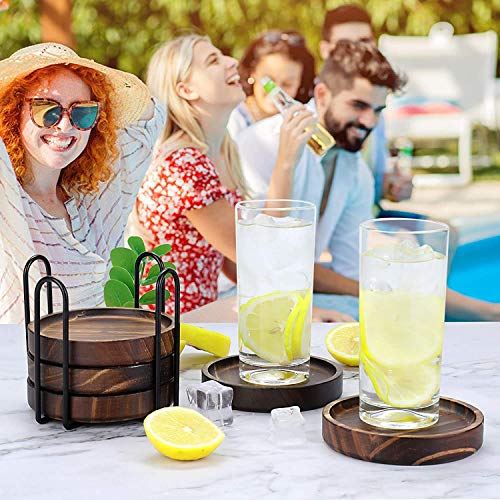 Yangbaga 6Pcs Wooden Coasters for Drink-Acacia Wood Drink Coasters Set with Holder for Coffee Table Decor,Modern Cup Coaster for Kitchen Accessories Cute Beer Bar Decorative Rustic Outdoor Coasters - Image 5