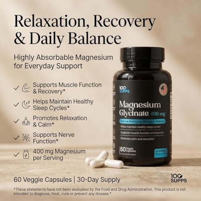 100 Supps Magnesium Glycinate 400mg – 60 Capsules | 30-Day Supply | Chelated Magnesium for Muscle, Nerve, and Sleep Support | Vegan, Gluten-Free, Non-GMO | Manufactured in USA - Image 2