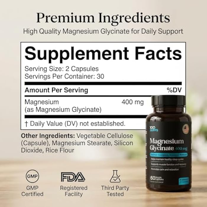 100 Supps Magnesium Glycinate 400mg – 60 Capsules | 30-Day Supply | Chelated Magnesium for Muscle, Nerve, and Sleep Support | Vegan, Gluten-Free, Non-GMO | Manufactured in USA - Image 3