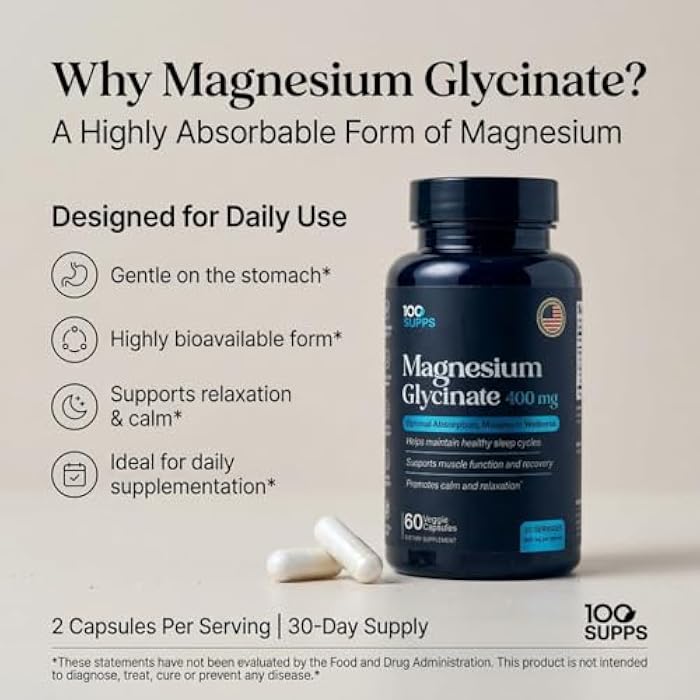 100 Supps Magnesium Glycinate 400mg – 60 Capsules | 30-Day Supply | Chelated Magnesium for Muscle, Nerve, and Sleep Support | Vegan, Gluten-Free, Non-GMO | Manufactured in USA - Image 4