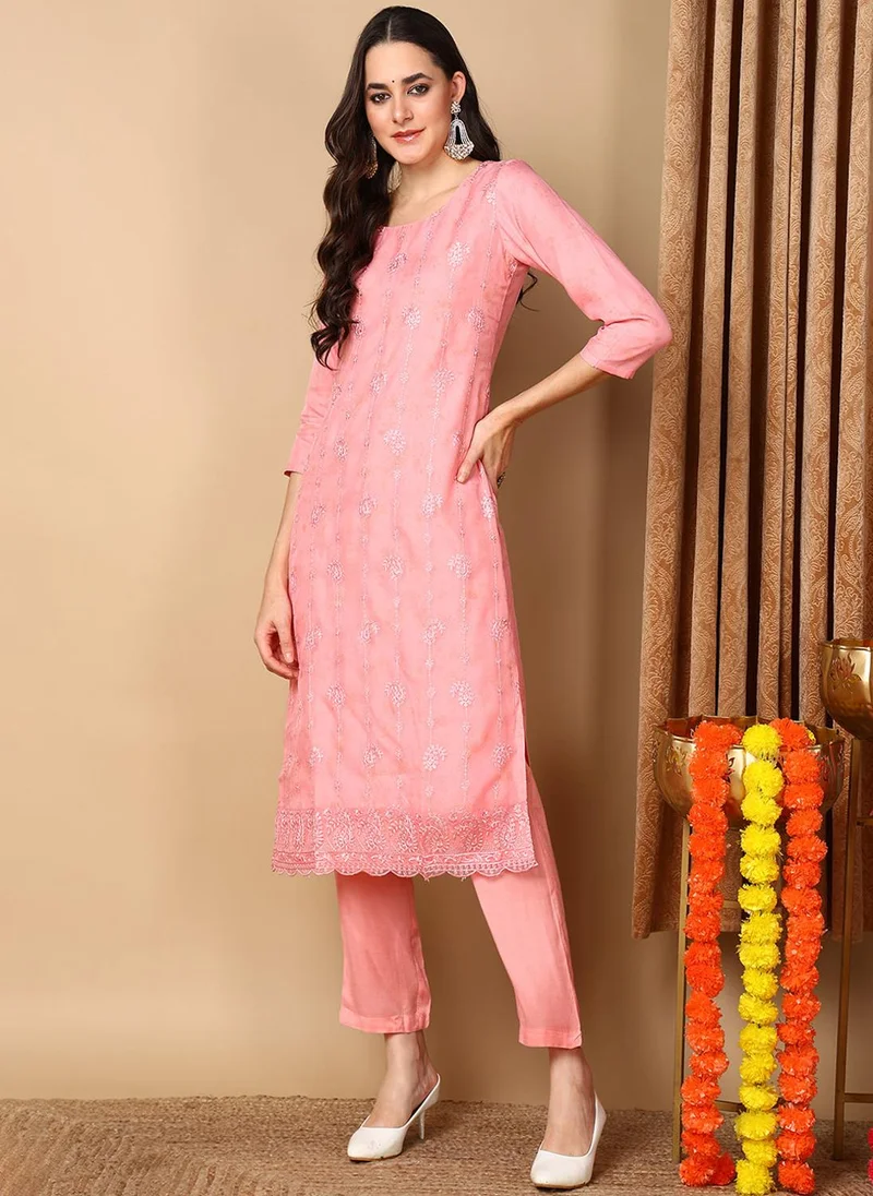 ZERESOUQ Pink Organza Floral Embroidered Straight Kurta Trouser With Dupatta