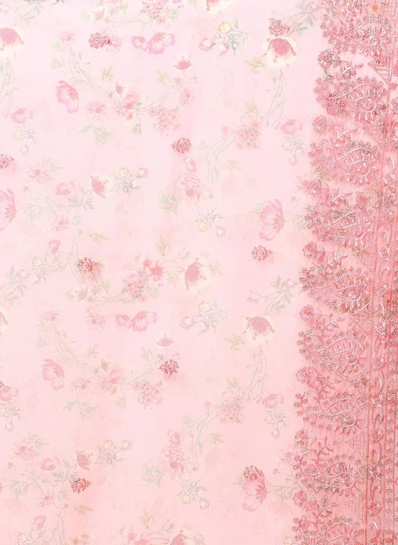 ZERESOUQ Pink Organza Floral Embroidered Straight Kurta Trouser With Dupatta