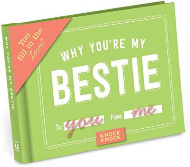 نوك نوك كتاب “تك تك… لماذا أنت أفضل صديق لي” (Knock Knock… Why You’re My Bestie): كتاب يحتوي على أسئلة فارغة يمكن ملؤها لوصف سبب كون صديقك المقرب الأفضل شخصًا رائعًا. ما عليك سوى ملء كل سؤال، وبذلك تحصل على هدية فريدة من نوعها سيقرأها صديقك مرارًا وتكرارًا. يمكنك أن تجعل النصوص ساخرة، أو غبية، أو حلوة حسب رغبتك! لا توجد هدايا أروع من هذه لأفضل صديق لك! - Image 1