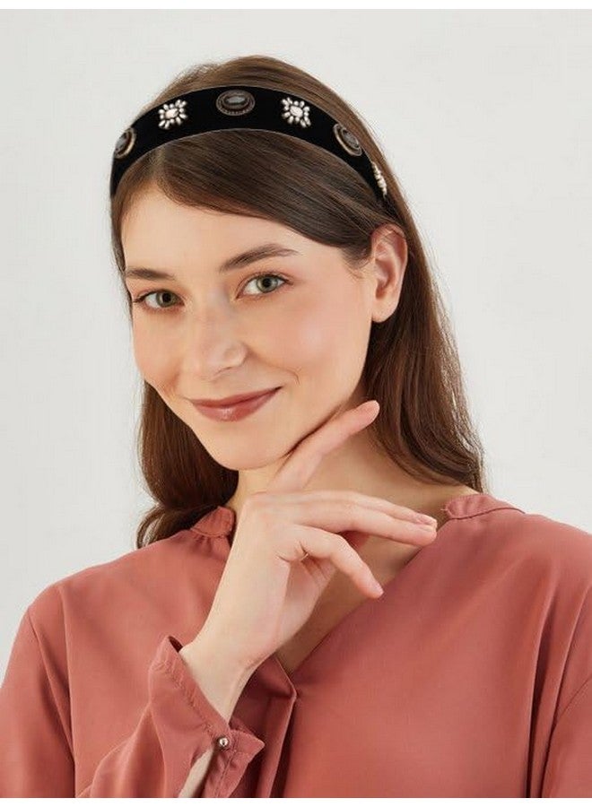 Campsis Baroque Jeweled Headbands Black Elastic Rhinestone Wide Hairbands Diamond Pearl Crystal Hair Accessories Daily Party For Women - Image 3