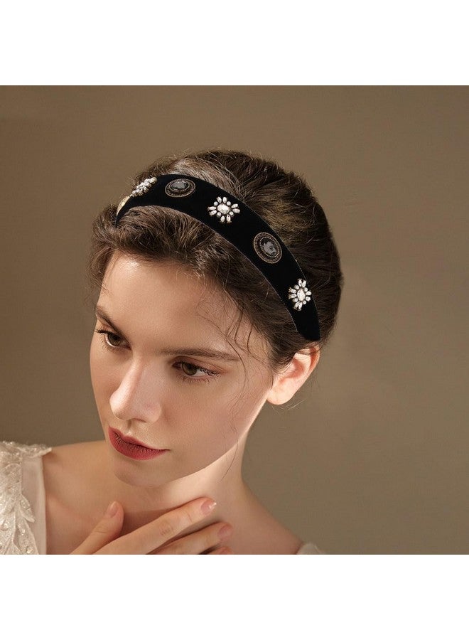 Campsis Baroque Jeweled Headbands Black Elastic Rhinestone Wide Hairbands Diamond Pearl Crystal Hair Accessories Daily Party For Women - Image 4