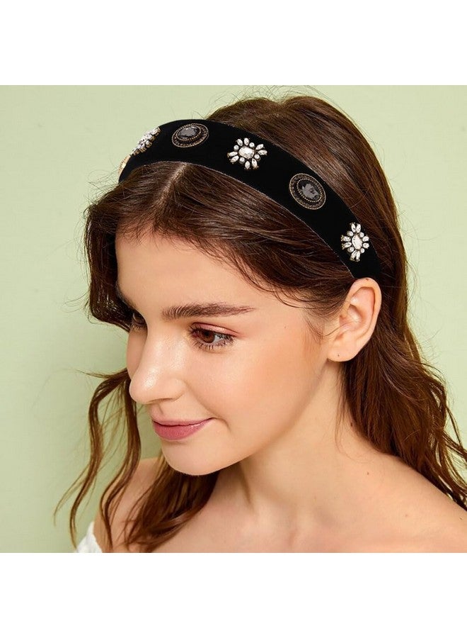 Campsis Baroque Jeweled Headbands Black Elastic Rhinestone Wide Hairbands Diamond Pearl Crystal Hair Accessories Daily Party For Women - Image 2