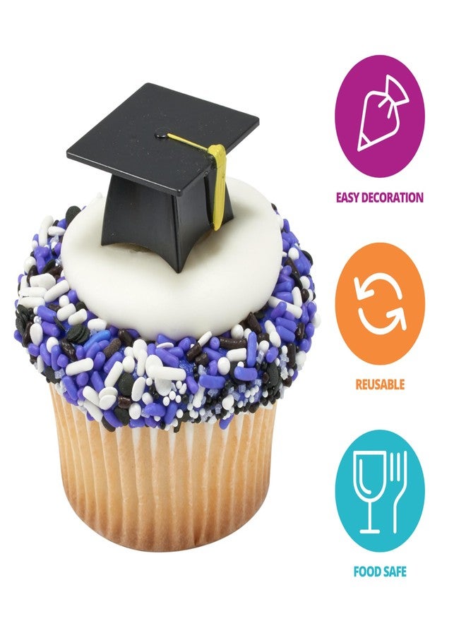 DecoPac Grad Hat Cupcake Toppers, 24 Graduation Cake Pics, Black Grad Hat DecoPics, Food Safe Cake Decorations - 24 Pack - Image 2
