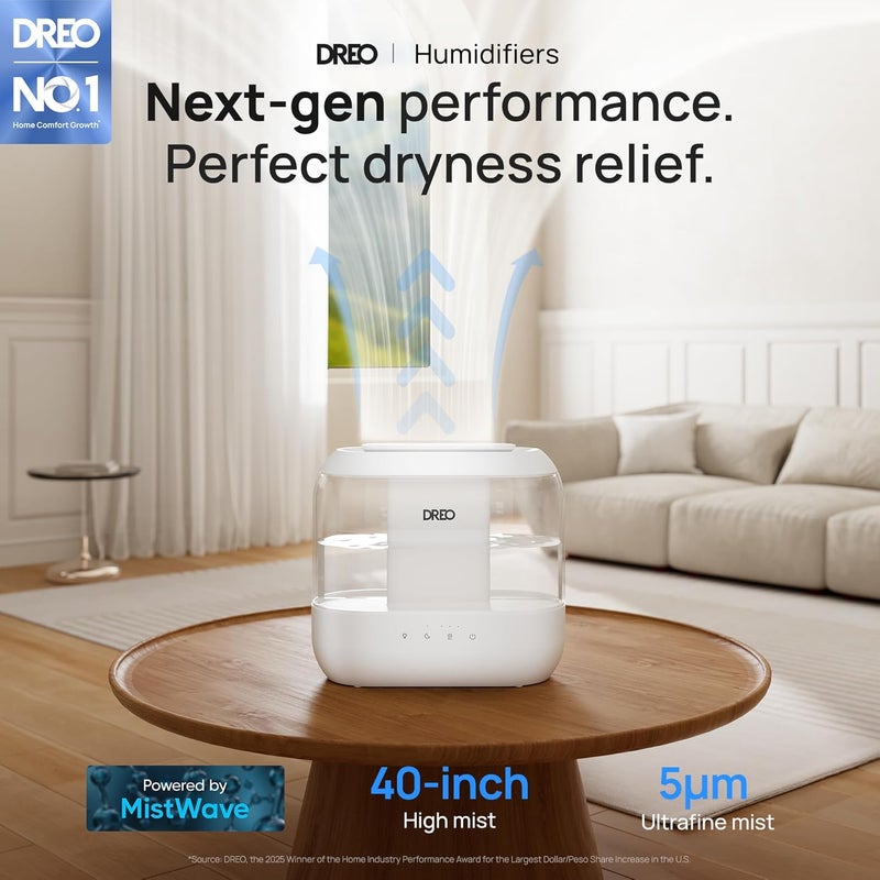 دريو مرطب هواء دريو لغرفة نوم الطفل، 4 لتر رذاذ بارد بحجم كبير للمنزل، 28 ديسيبل هادئ، موزع زيت، تشغيل 36 ساعة، ضوء ليلي، تعبئة من الأعلى، سهل التنظيف والتعبئة، أبيض - Image 2