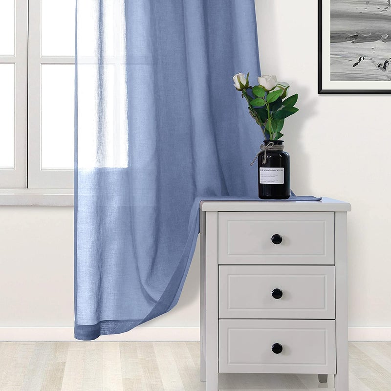 DWCN Sheer Curtains for Living Room Bedroom - Faux Linen Look Voile Drapes Grommet Top Window Curtain Panel 52 x 54 Inches Long  Dusty Blue  Set of 2 Panels