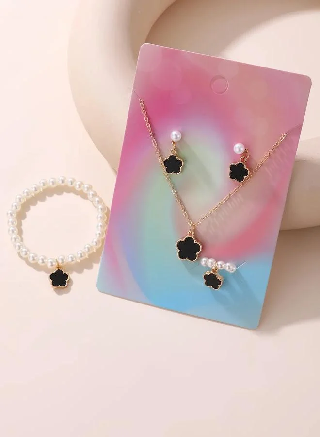 Take Two  Girls Black Flower Charm Pearl Necklace, Bracelet, Ring and Earrings Set for Women | Best Price UAE