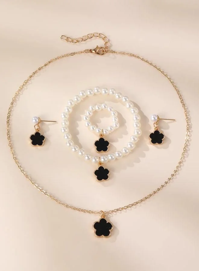 Take Two  Girls Black Flower Charm Pearl Necklace, Bracelet, Ring and Earrings Set for Women | Best Price UAE