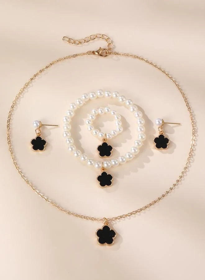 Take Two  Girls Black Flower Charm Pearl Necklace, Bracelet, Ring and Earrings Set for Women | Best Price UAE