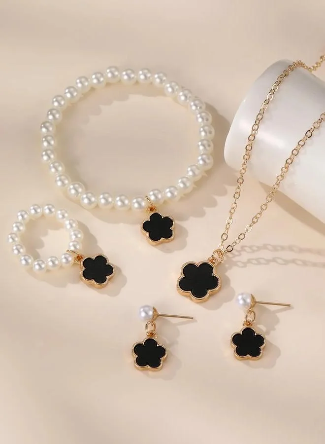 Take Two  Girls Black Flower Charm Pearl Necklace, Bracelet, Ring and Earrings Set for Women | Best Price UAE