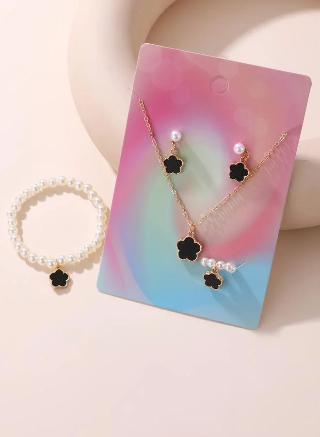 Take Two  Girls Black Flower Charm Pearl Necklace, Bracelet, Ring and Earrings Set for Women | Best Price UAE