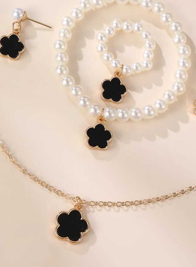 Girls Black Flower Charm Pearl Necklace, Bracelet, Ring and Earrings Set