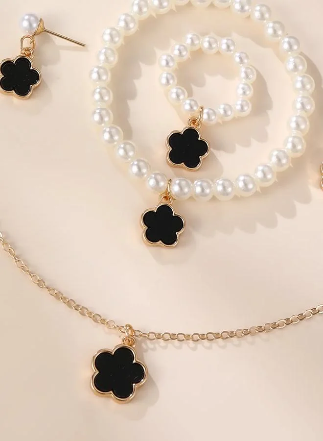 Take Two  Girls Black Flower Charm Pearl Necklace, Bracelet, Ring and Earrings Set for Women | Best Price UAE