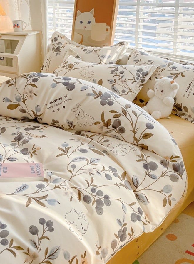 4-Piece Botanical Rabbit Print Bedding Set  200*230cm Double/King Size Cotton Cream White  - Image 1