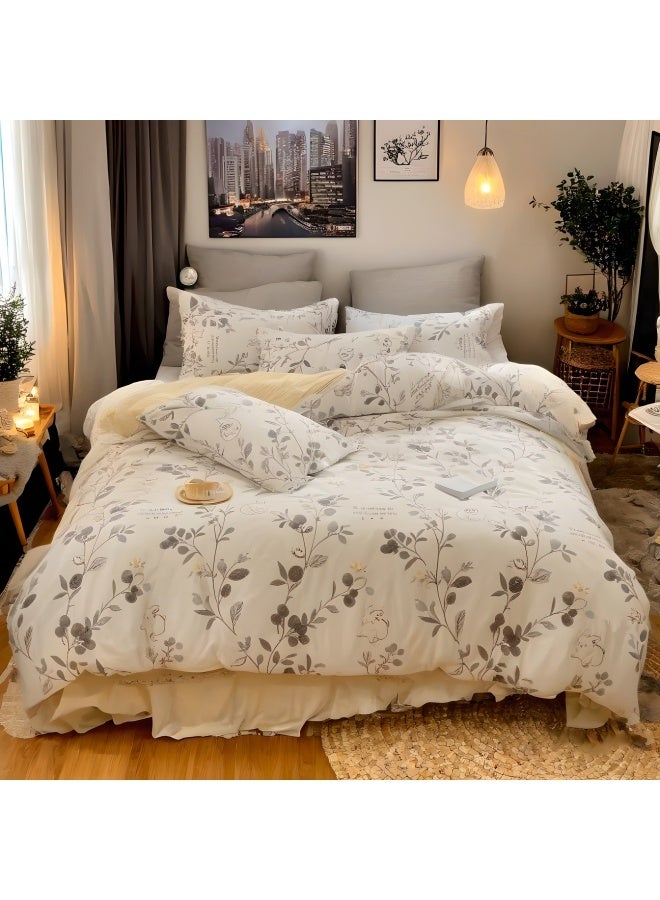 طقم سرير مطبوع عليه أرنب نباتي، مكون من 4 قطع، مقاس مزدوج/كينج، قطن، كريمي أبيض - Image 4