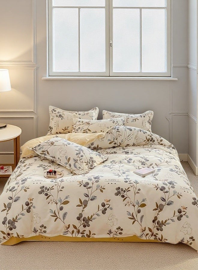 طقم سرير مطبوع عليه أرنب نباتي، مكون من 4 قطع، مقاس مزدوج/كينج، قطن، كريمي أبيض - Image 2