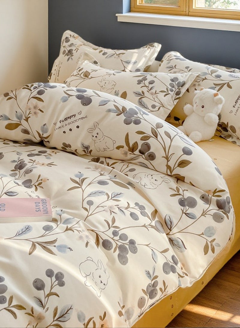 طقم سرير مطبوع عليه أرنب نباتي، مكون من 4 قطع، مقاس مزدوج/كينج، قطن، كريمي أبيض - Image 1
