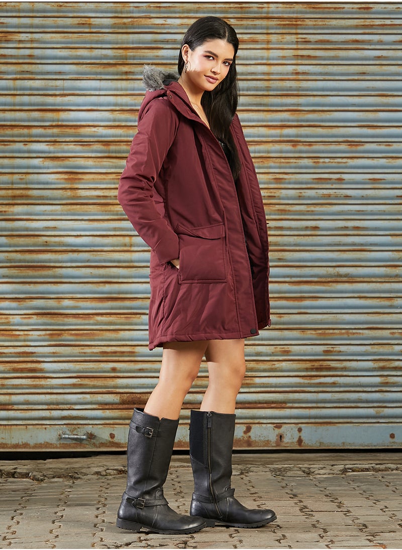 Campus Sutra Women's Wine Red Long Puffer Jacket With Fur Detail  - Image 3