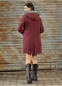 كامبوس سوترا Women's Wine Red Long Puffer Jacket With Fur Detail  - Image 5