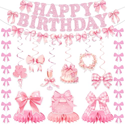 Bolake Pink Bow Birthday Party Decorations Girl Bow Themed Party Decor Include Happy Birthday Banner Hanging Swirls Table Honeycomb Centerpieces Hanging Banners for Girls Baby Shower Birthday Party Decor - Image 1