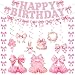 Bolake Pink Bow Birthday Party Decorations Girl Bow Themed Party Decor Include Happy Birthday Banner Hanging Swirls Table Honeycomb Centerpieces Hanging Banners for Girls Baby Shower Birthday Party Decor - Image 2