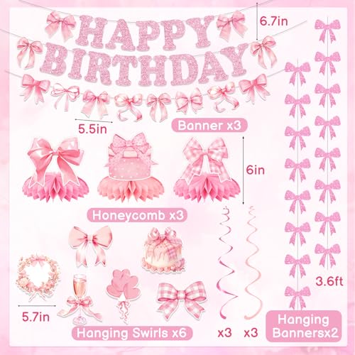 Bolake Pink Bow Birthday Party Decorations Girl Bow Themed Party Decor Include Happy Birthday Banner Hanging Swirls Table Honeycomb Centerpieces Hanging Banners for Girls Baby Shower Birthday Party Decor - Image 5