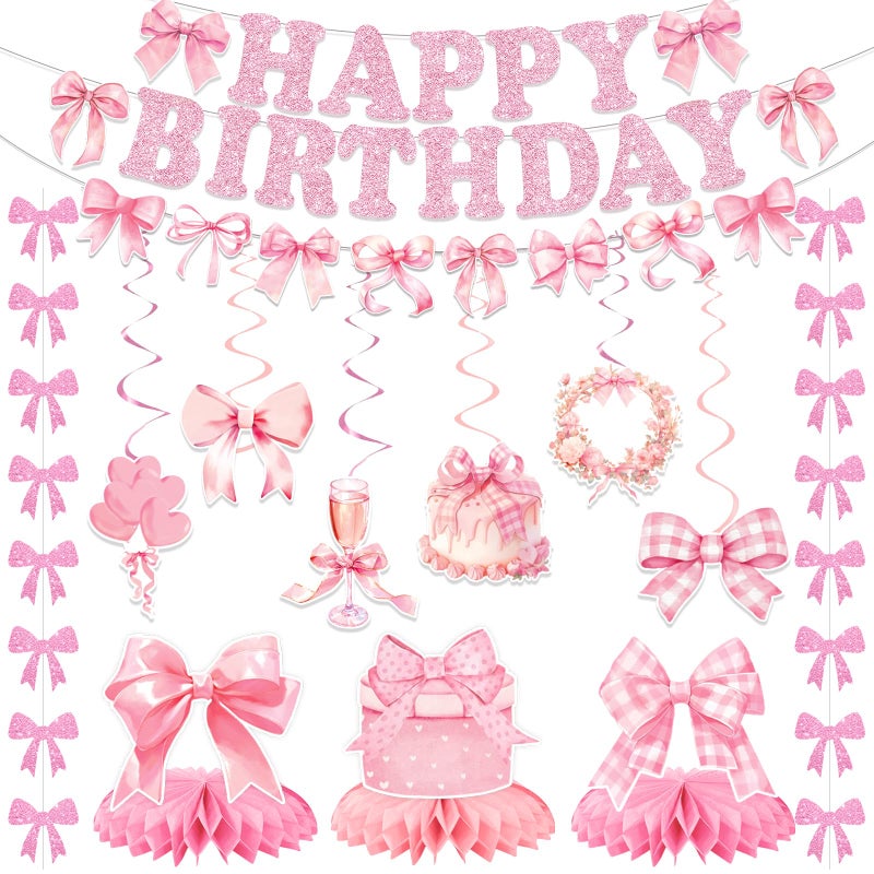Bolake Pink Bow Birthday Party Decorations Girl Bow Themed Party Decor Include Happy Birthday Banner Hanging Swirls Table Honeycomb Centerpieces Hanging Banners for Girls Baby Shower Birthday Party Decor - Image 3