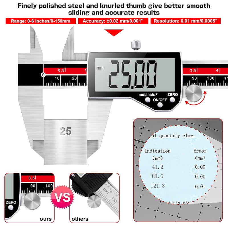 Qfun Digital Caliper Electronic Caliper Measuring Tool Precision Digital Vernier Caliper Inch/Millimeter/Fraction Measurement Micrometer for Jewelry - Metal Metric Measure Caliper for Engineer Carpenter - Image 2