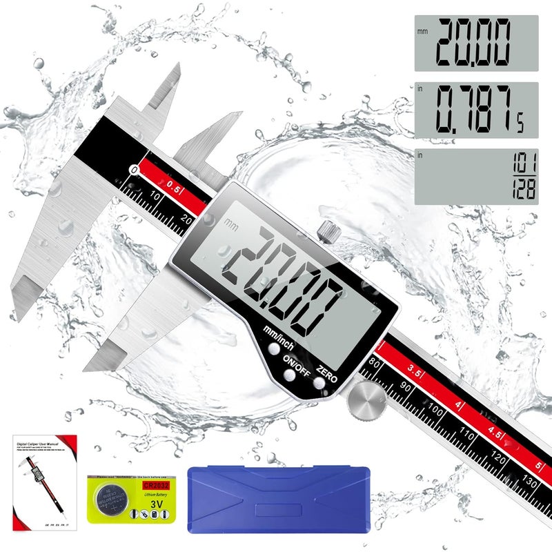 Qfun Digital Caliper Electronic Caliper Measuring Tool Precision Digital Vernier Caliper Inch/Millimeter/Fraction Measurement Micrometer for Jewelry - Metal Metric Measure Caliper for Engineer Carpenter - Image 1