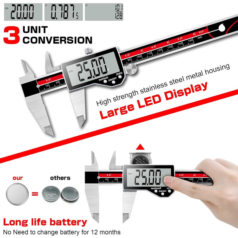 Qfun Digital Caliper Electronic Caliper Measuring Tool Precision Digital Vernier Caliper Inch/Millimeter/Fraction Measurement Micrometer for Jewelry - Metal Metric Measure Caliper for Engineer Carpenter - Image 3