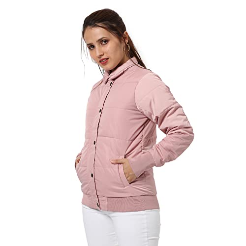 Campus Sutra Women's Pink Puffer Regular Fit Bomber Jacket For Winter Wear | Standing Collar | Full Sleeve | Buttoned | Casual Jacket For Woman & Girl | Western Stylish Jacket For Women - Image 1