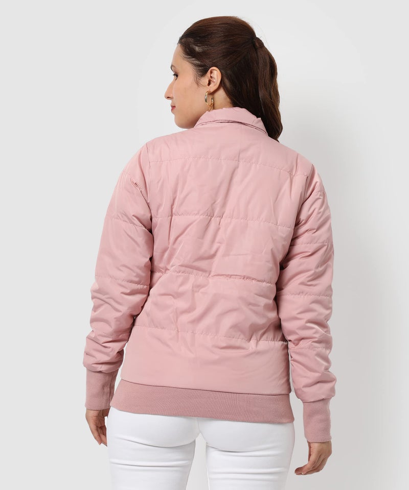Campus Sutra Women's Pink Puffer Regular Fit Bomber Jacket For Winter Wear | Standing Collar | Full Sleeve | Buttoned | Casual Jacket For Woman & Girl | Western Stylish Jacket For Women - Image 5