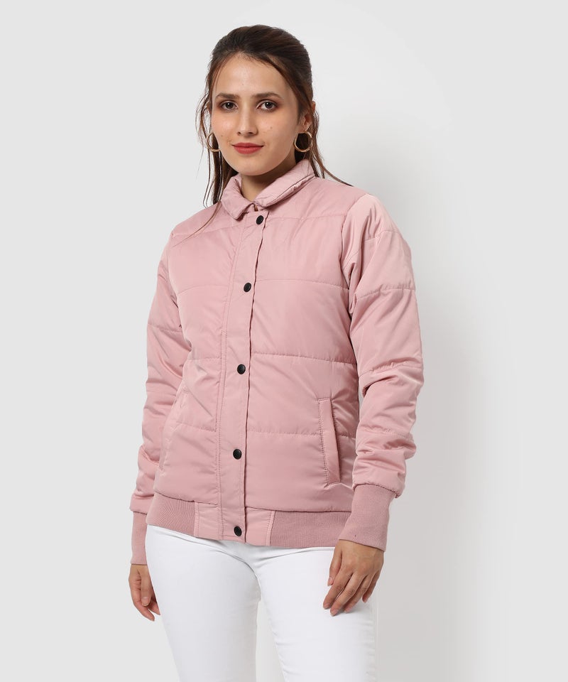 Campus Sutra Women's Pink Puffer Regular Fit Bomber Jacket For Winter Wear | Standing Collar | Full Sleeve | Buttoned | Casual Jacket For Woman & Girl | Western Stylish Jacket For Women - Image 3