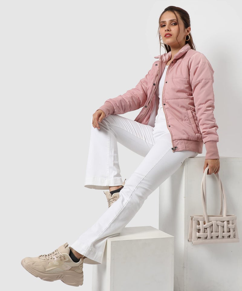 Campus Sutra Women's Pink Puffer Regular Fit Bomber Jacket For Winter Wear | Standing Collar | Full Sleeve | Buttoned | Casual Jacket For Woman & Girl | Western Stylish Jacket For Women - Image 2